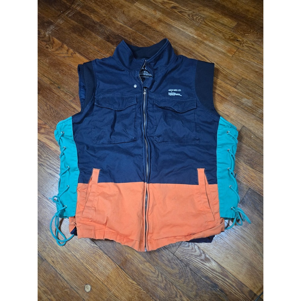 AKOO MFG CO Mens Colorblock Utility Vest Navy Orange Teal Lace Up Sides XL